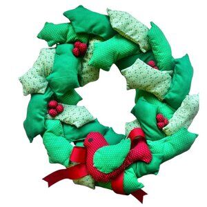 Wreath Fabric Holly Leaves Red Bird Handmade Berties Puffy 12”